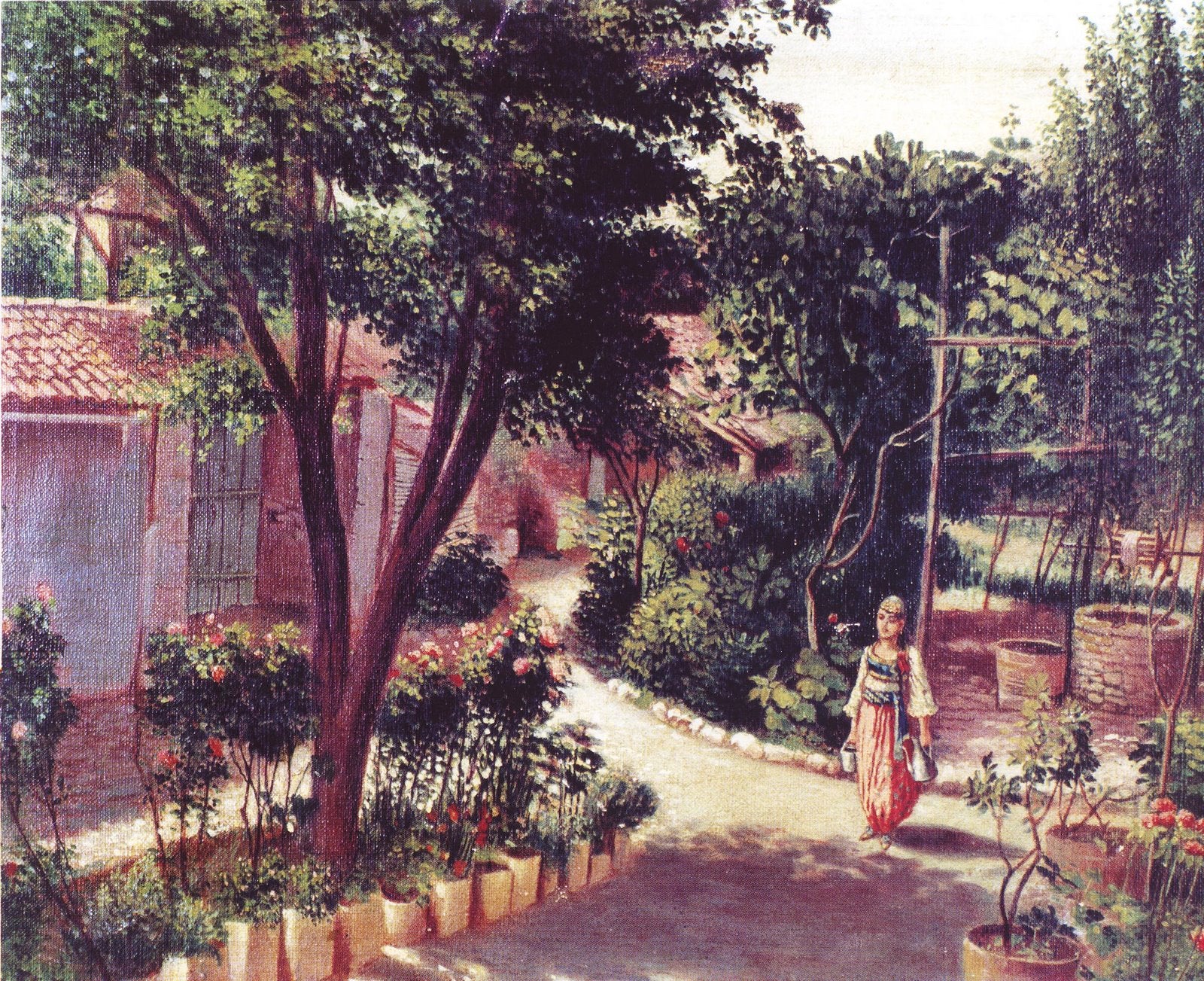 Cour d’une maison de Shkodër, Kolë Idromeno, vers 1920, huile sur toile