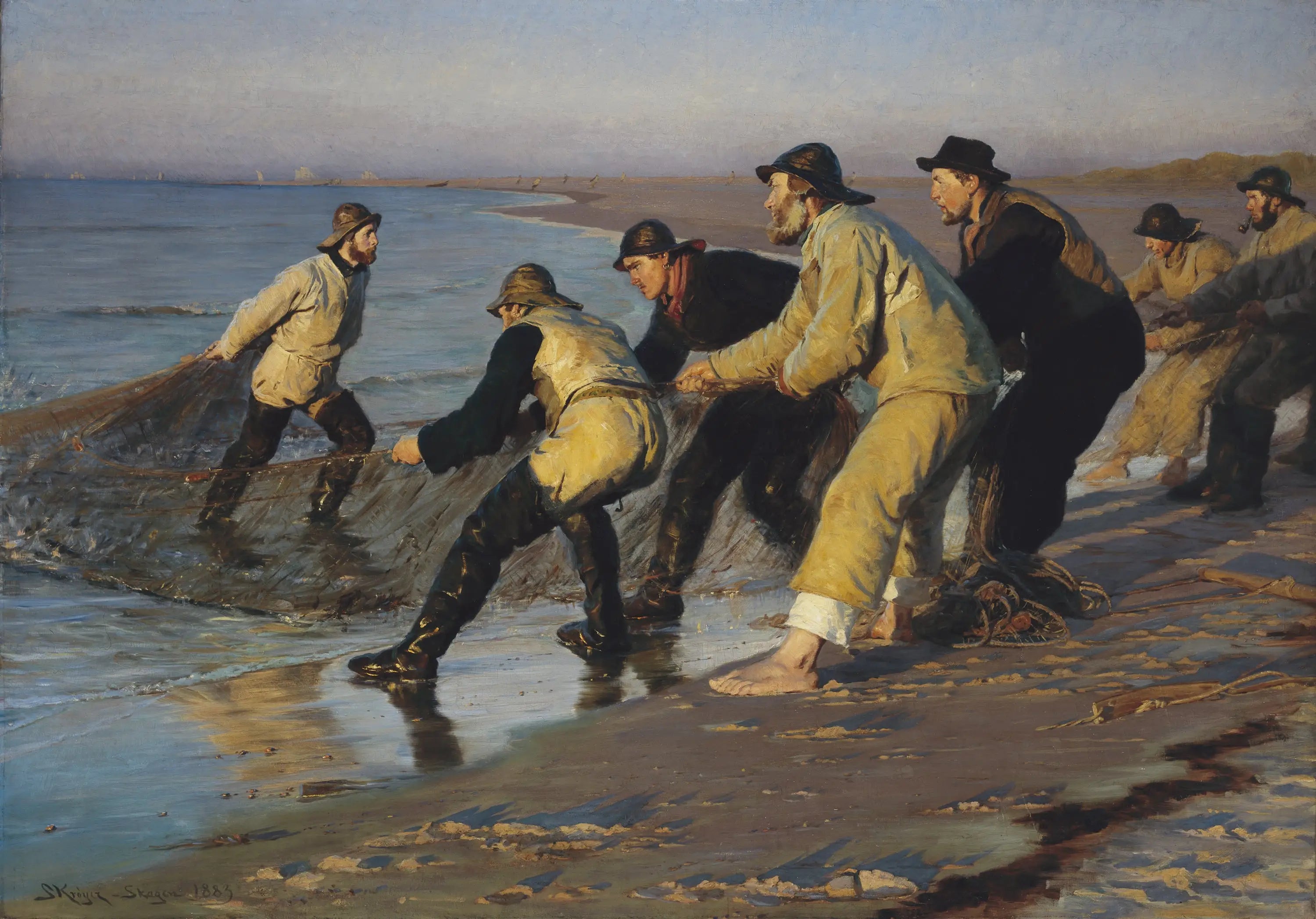 Des pêcheurs remontent leurs filets à la plage nord de Skagen. Fin d’après-midi. - Peder Severin Krøyer - Alpha