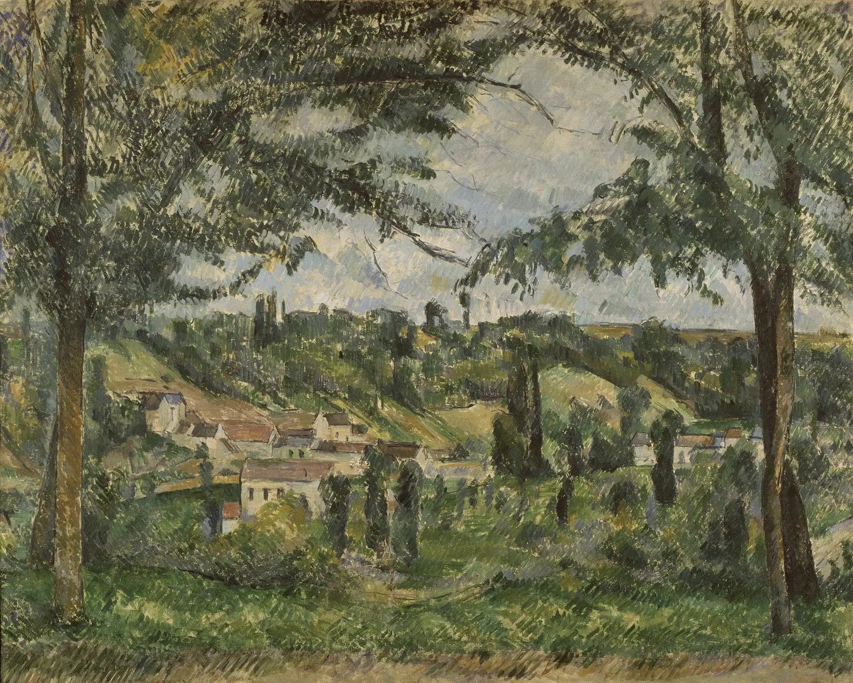 Reproduction du tableau « Le Hameau des Pâtis à Pontoise, encadré par des arbres - Paul Cézanne » par Alpha Reproduction en peinture à l’huile