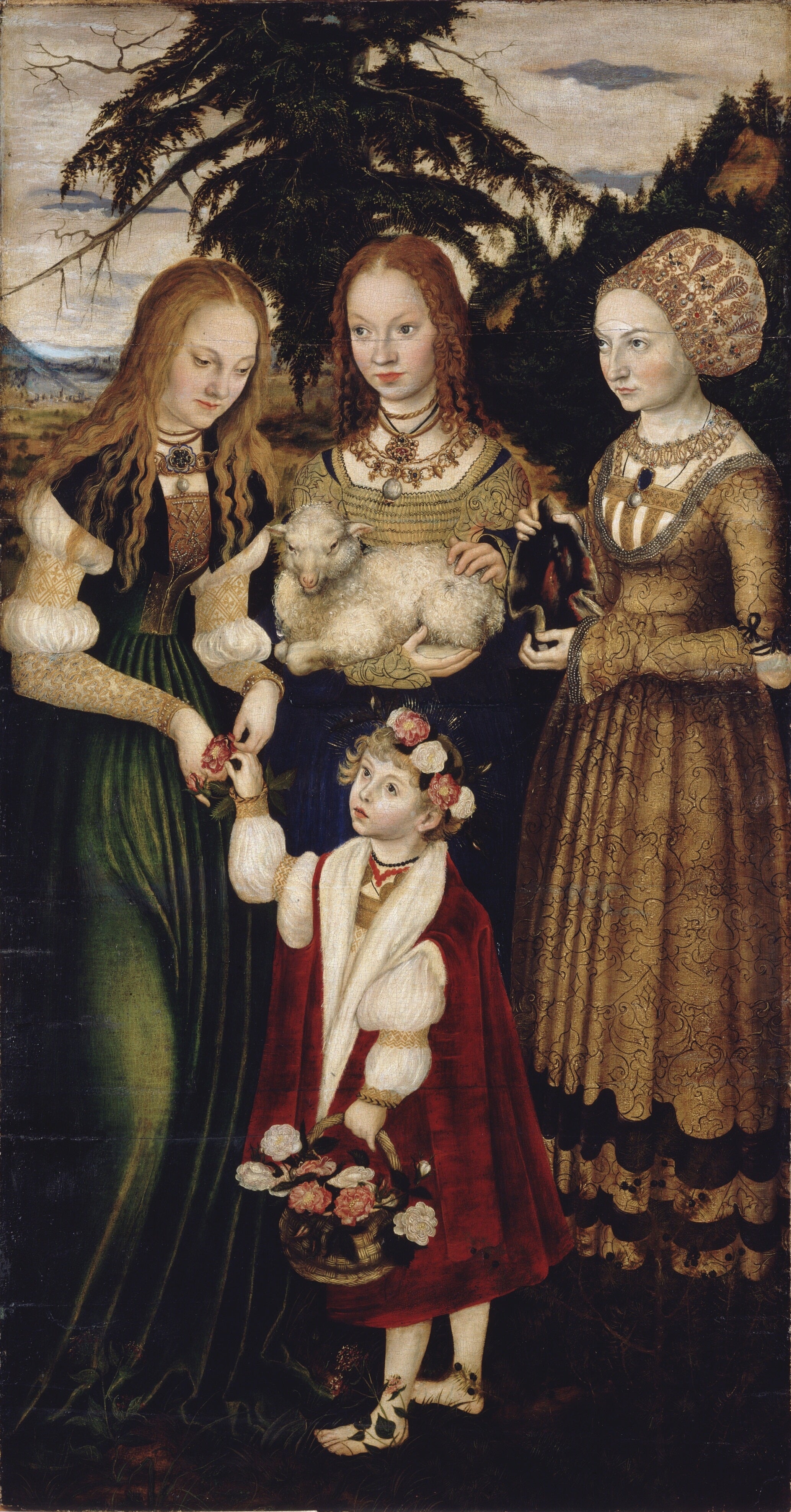 Retable du Martyre de sainte Catherine : sainte Dorothée, sainte Agnès, sainte Cunégonde [aile gauche, recto] - Lucas Cranach the Elder