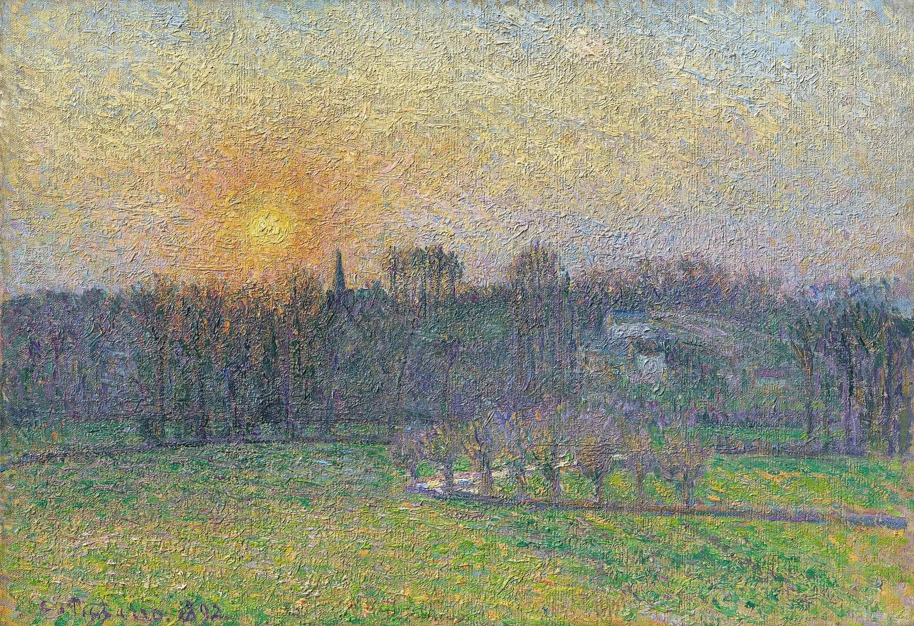 Reproduction du tableau « Vue de Bazincourt, coucher de soleil - Camille Pissarro » par Alpha Reproduction en peinture à l’huile