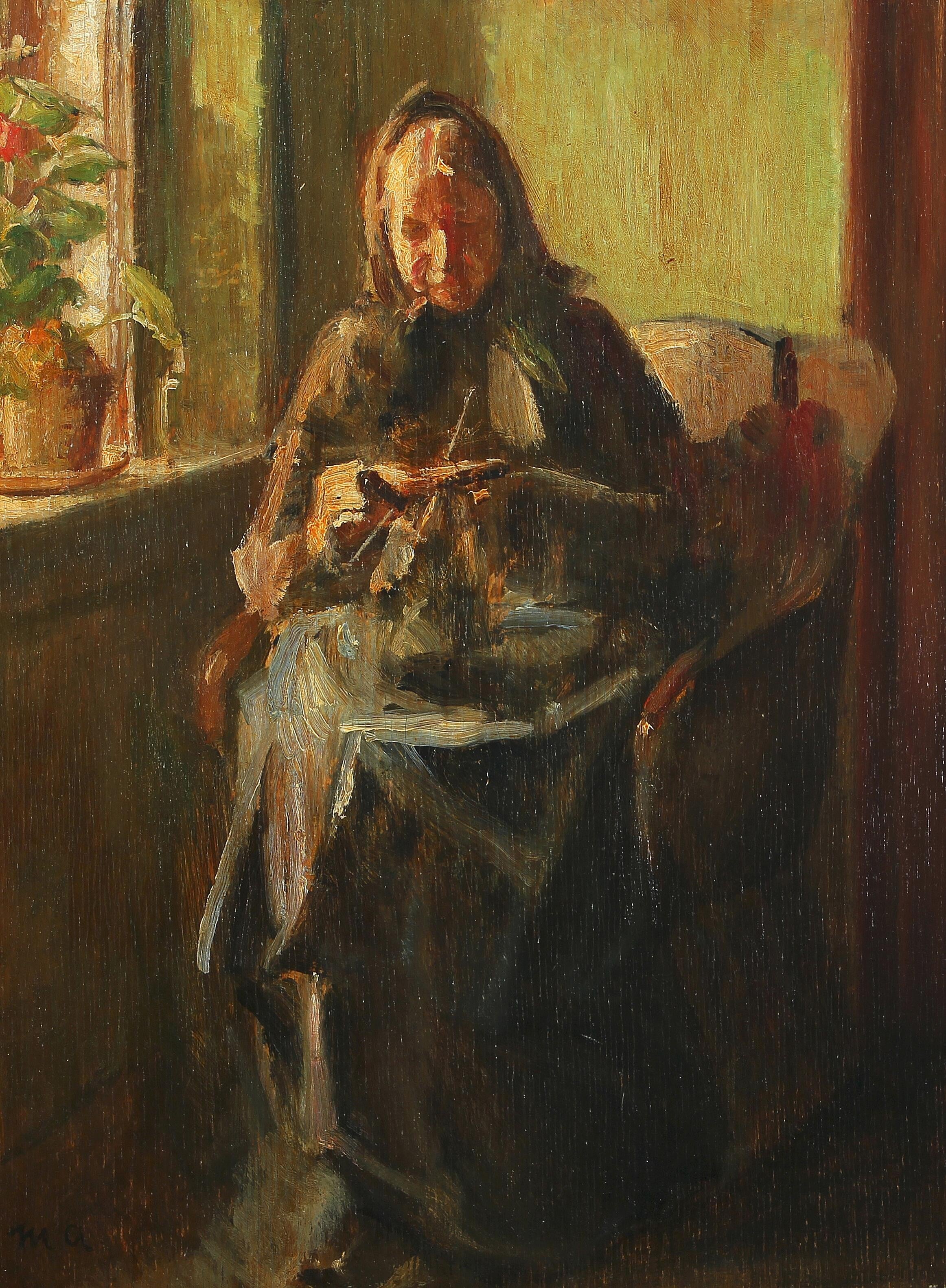 Une femme tricote dans une pièce baignée de soleil. - Michael Peter Ancher - Alpha Reproduction