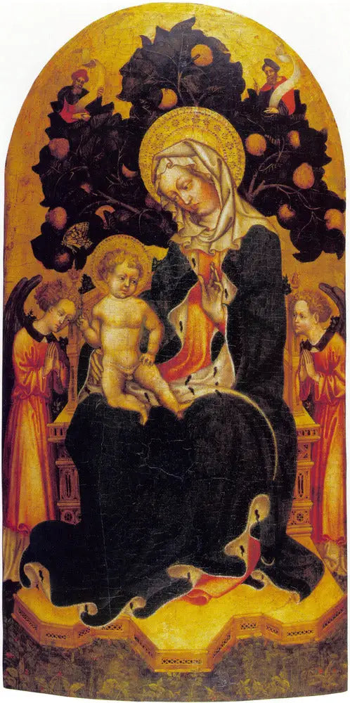 العذراء مع الطفل جالسة على العرش مع الملائكة والأنبياء في عبادة - جنتيل دا فابريانو