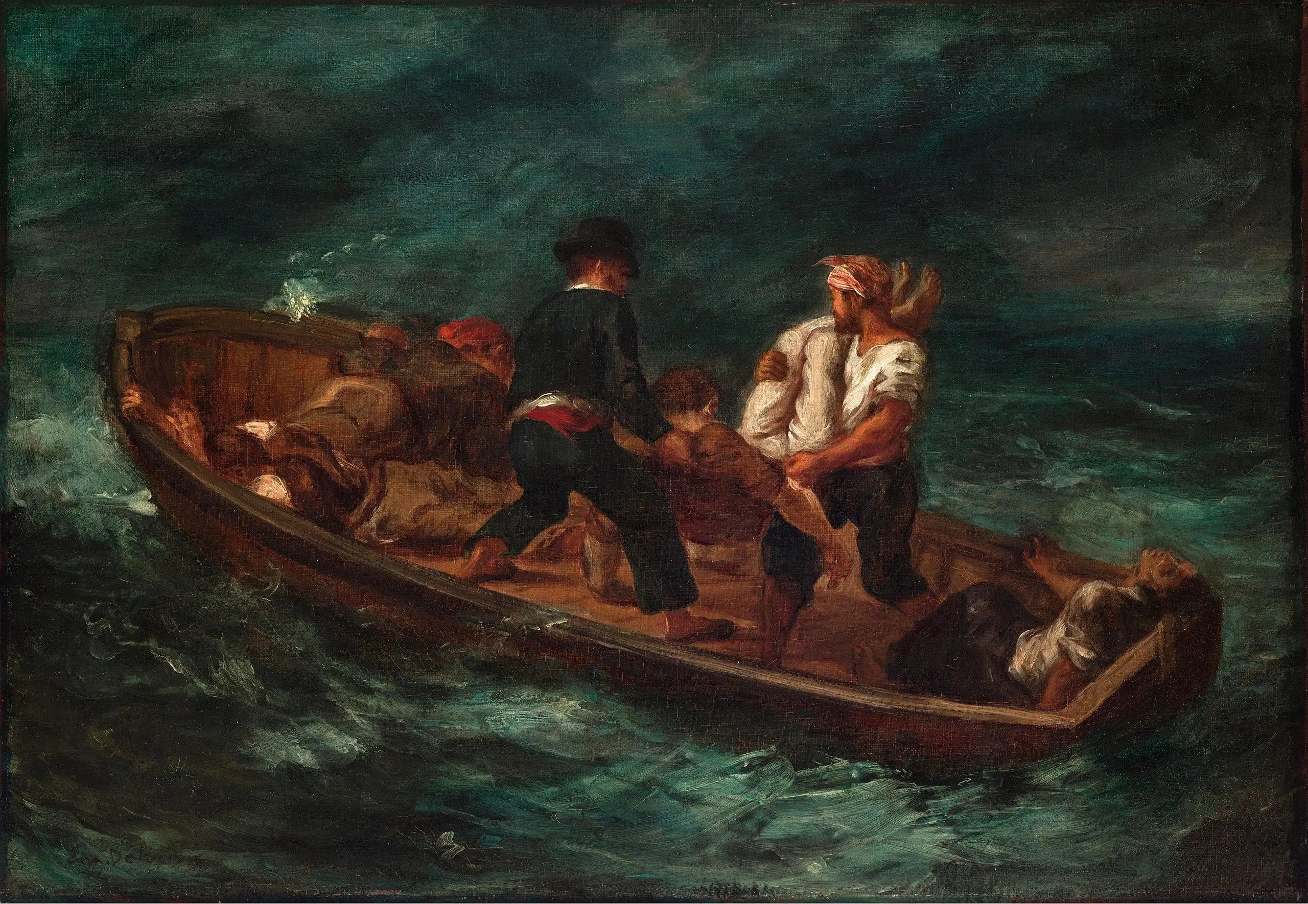 Reproduction du tableau « Après le naufrage (Le bateau de Don Juan - le cadavre est jeté dans l'eau) - Eugène Delacroix » par Alpha Reproduction en peinture à l’huile
