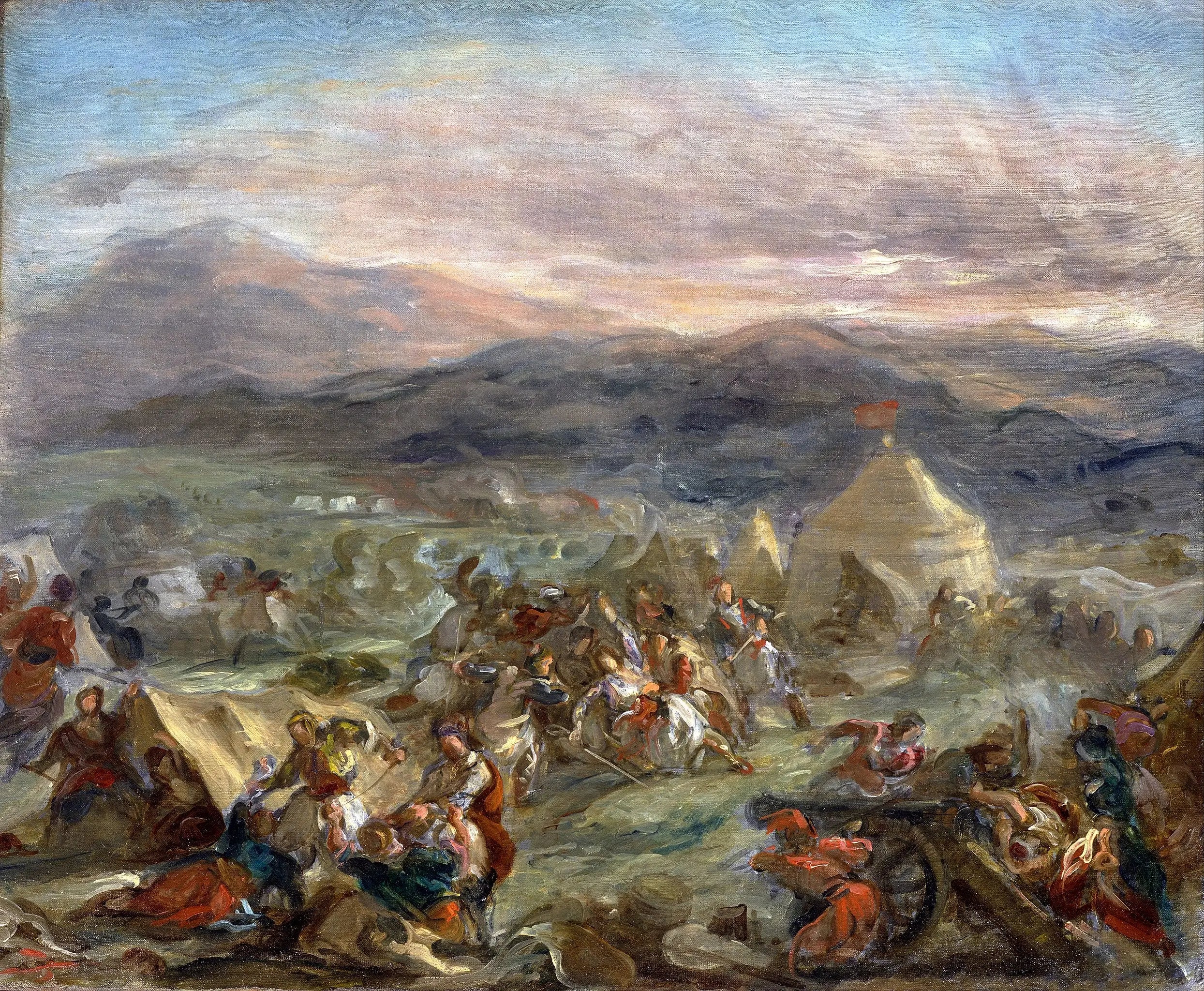 Reproduction du tableau « Botzaris surprend le camp turc et tombe mortellement blessé - Eugène Delacroix » par Alpha Reproduction en peinture à l’huile