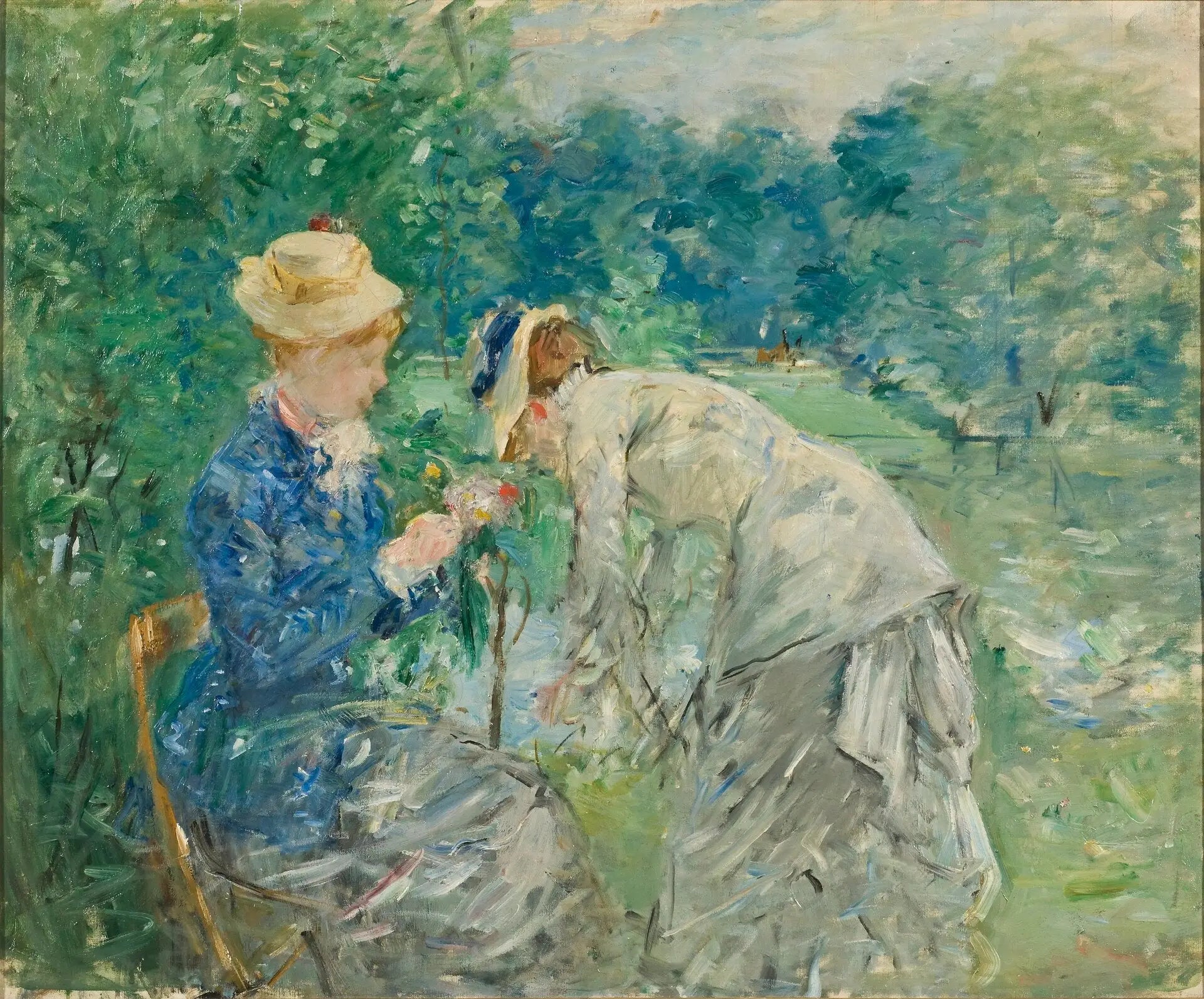 Reproduction du tableau « Dames cueillant des fleurs - Berthe Morisot » par Alpha Reproduction en peinture à l’huile