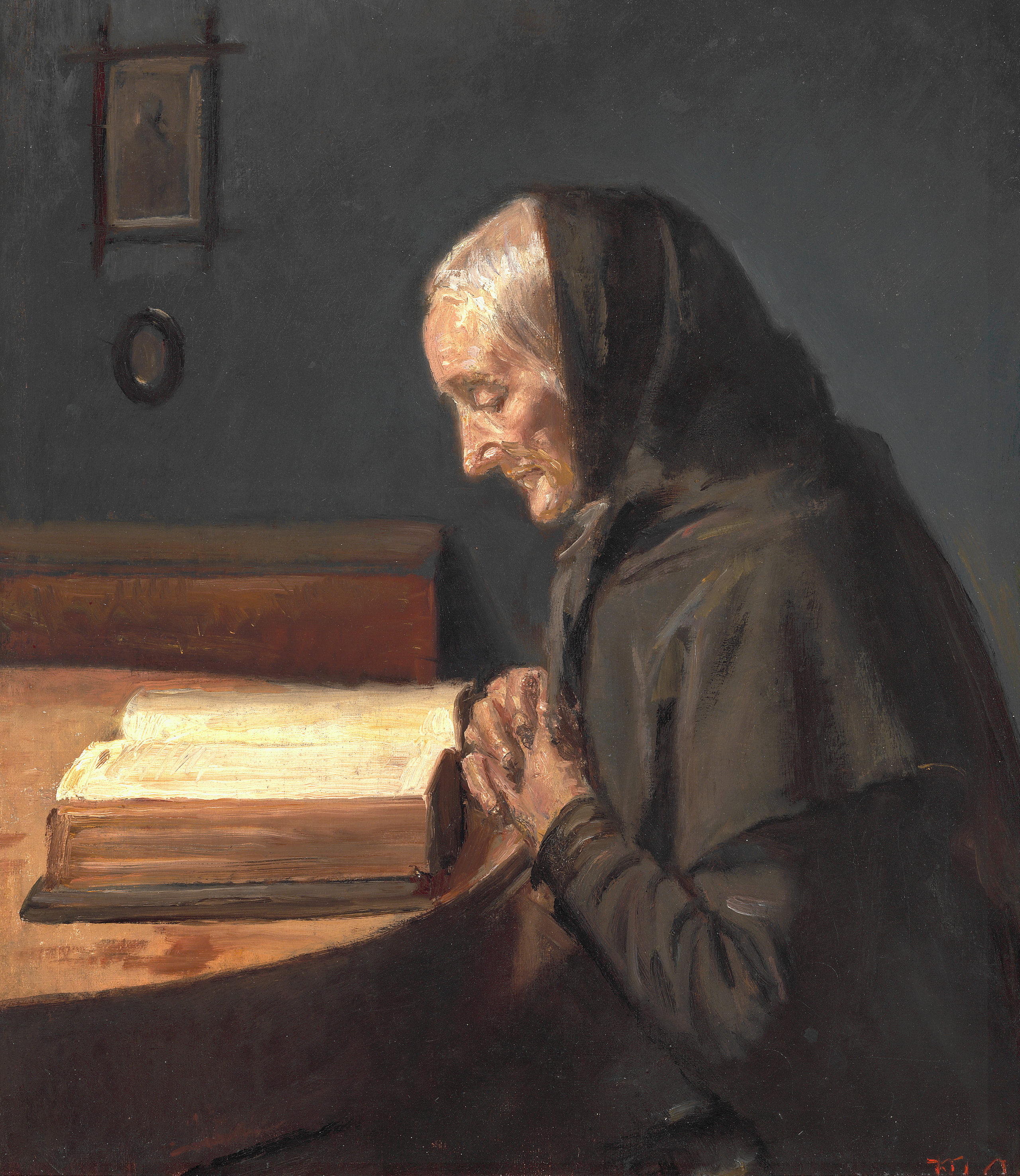 Intérieur avec Ane Brøndum, la belle-mère de l'artiste, de profil, lisant la Bible. - Michael Peter Ancher