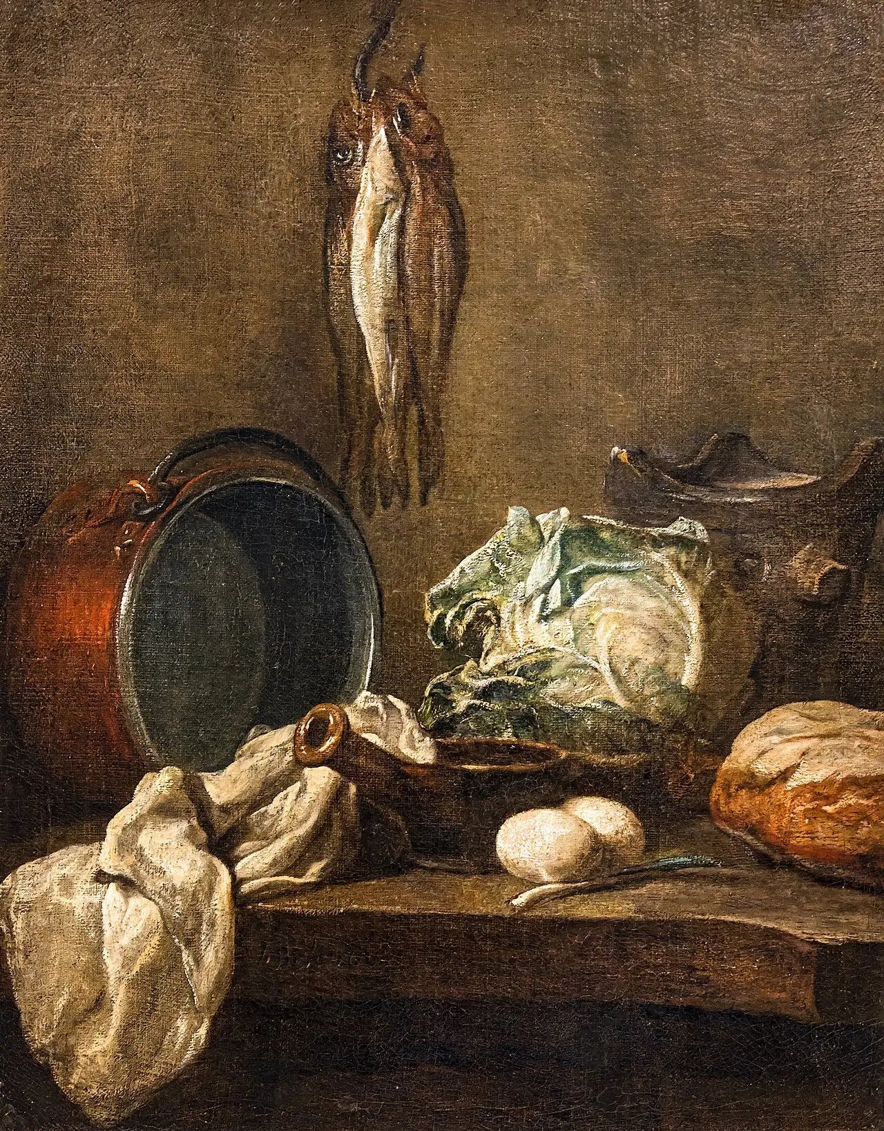 Nature morte avec chaudron poêlon fourneau torchon chou deux œufs poireau pain et trois harengs - Jean Siméon Chardin