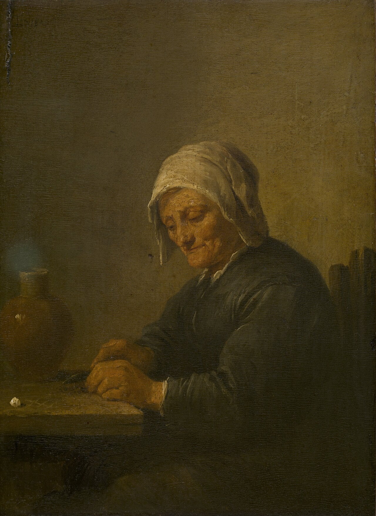 Une vieille femme coupant du tabac - David Teniers le Jeune