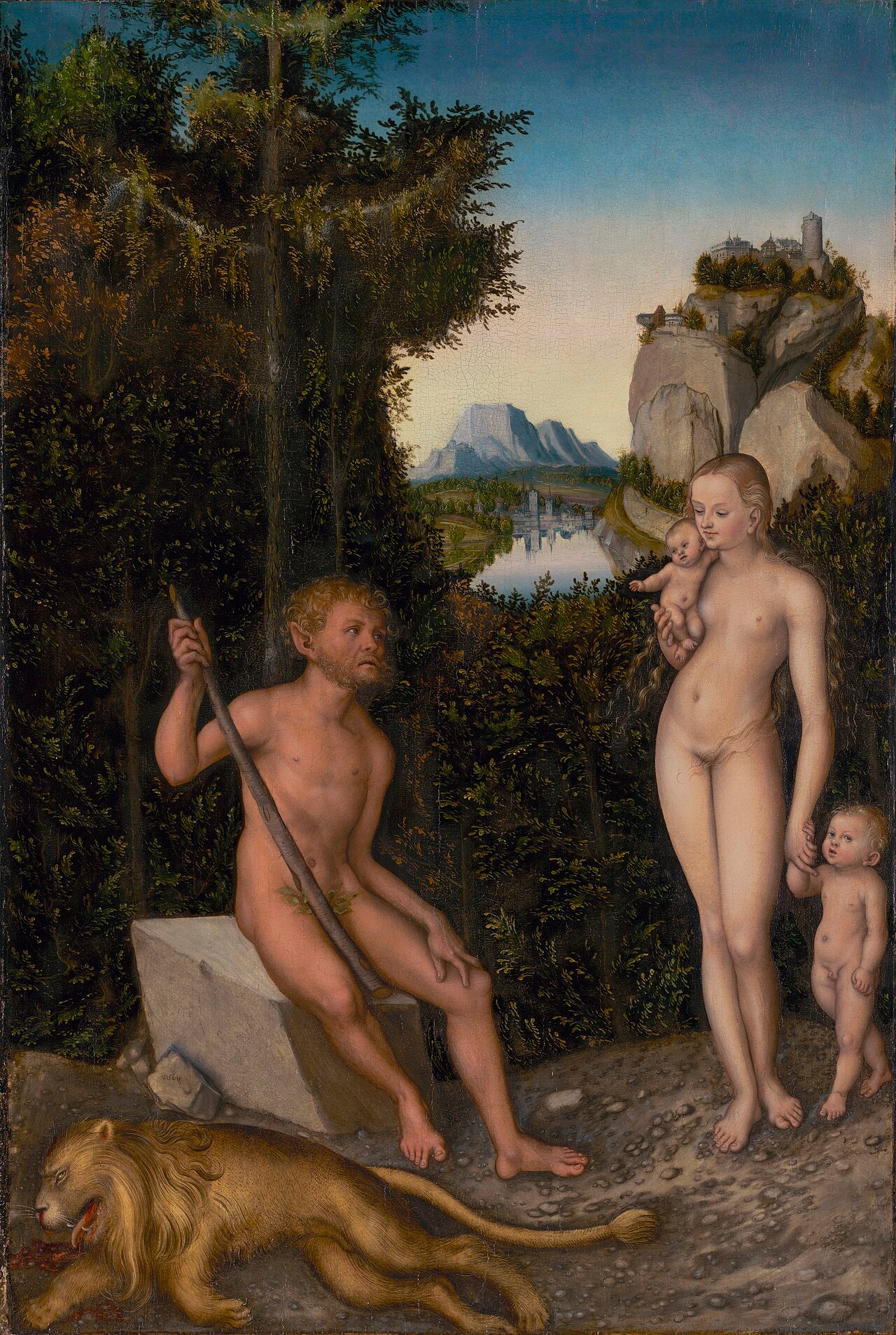 Un faune et sa famille avec un lion mort - Lucas Cranach the Elder