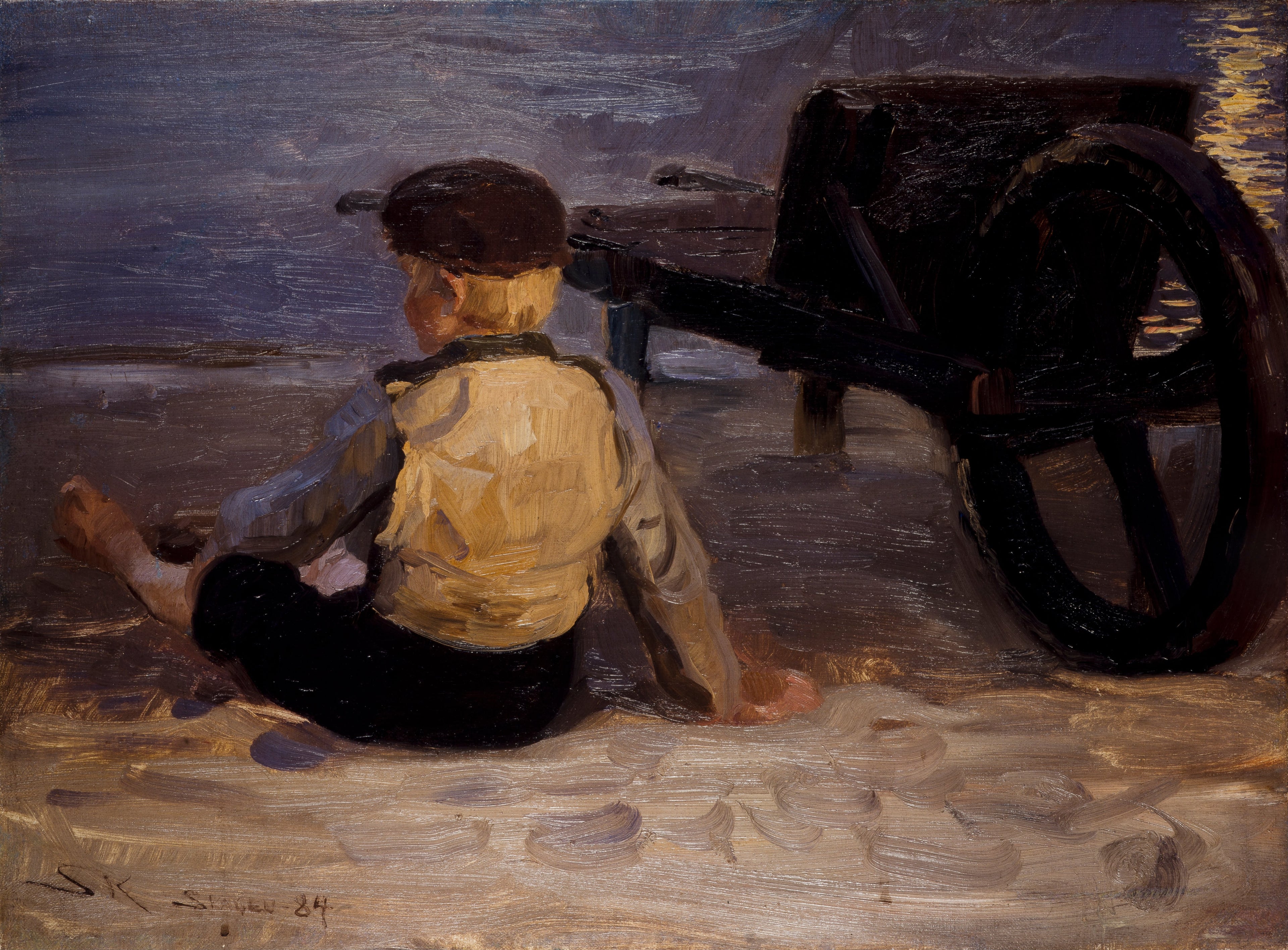 Jeune pêcheur assis à côté d'une brouette. Plage sud de Skagen. - Peder Severin Krøyer