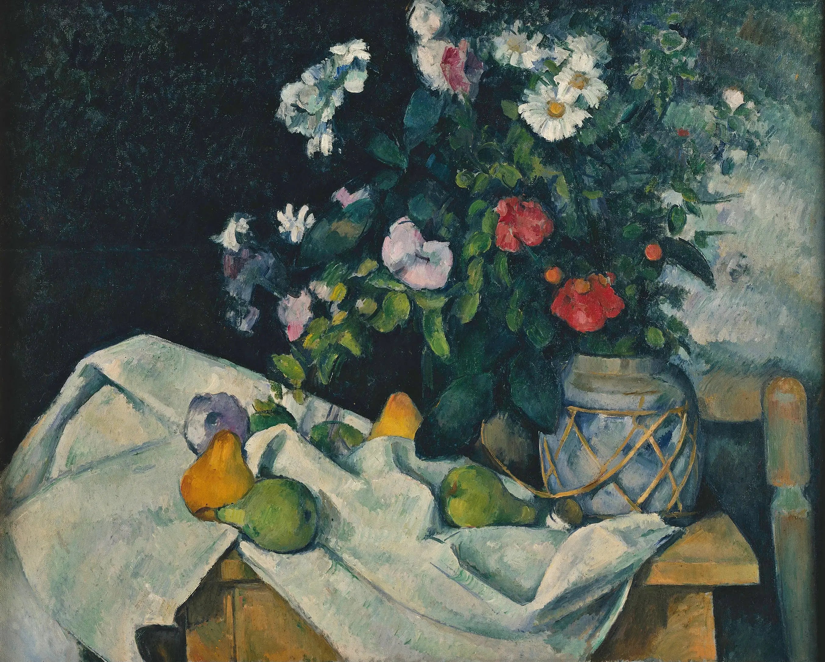 Reproduction du tableau « Fleurs dans un pot de gingembre et fruits - Paul Cézanne » par Alpha Reproduction en peinture à l’huile