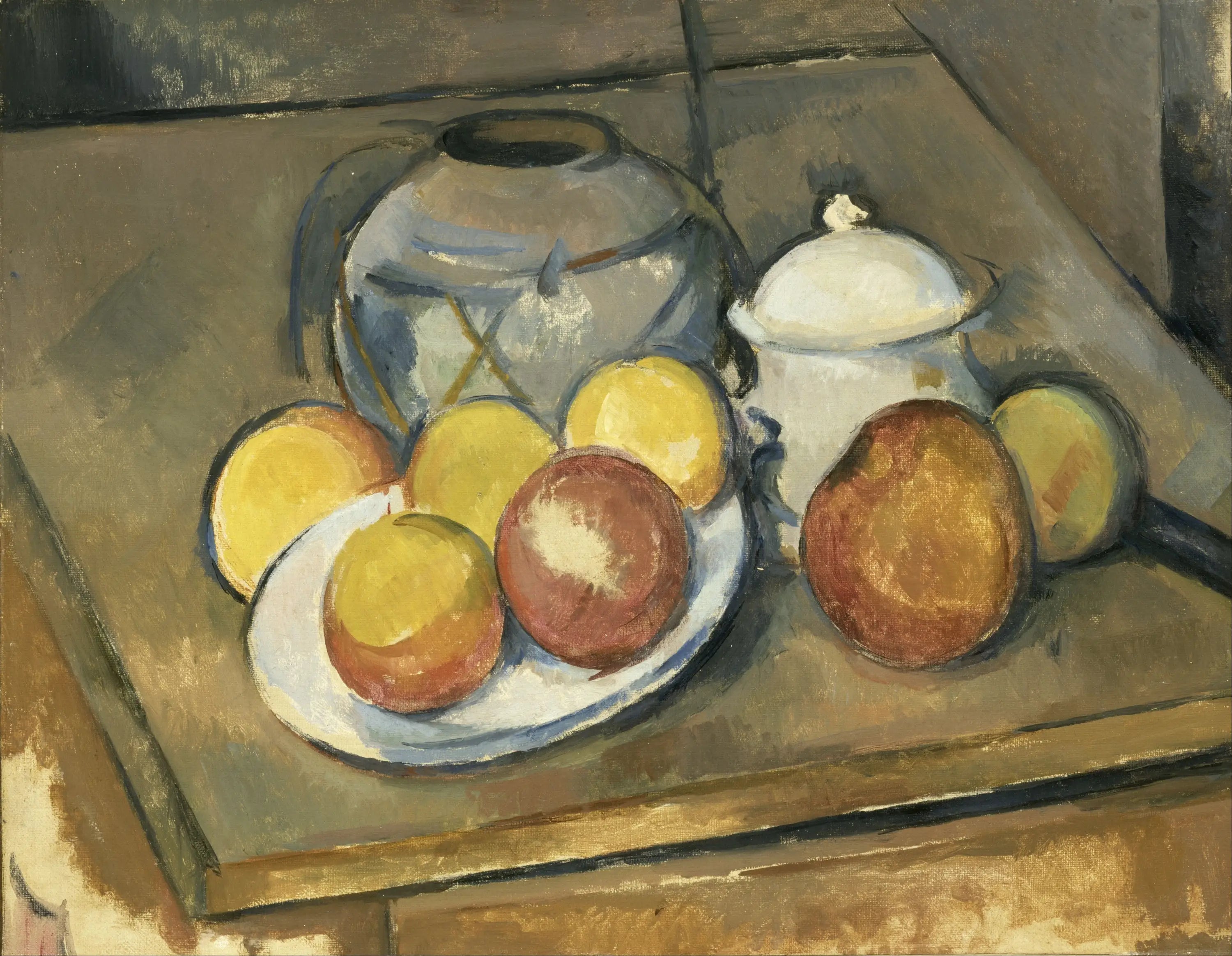 Reproduction du tableau « Le vase paillé, sucrier et pommes - Paul Cézanne » par Alpha Reproduction en peinture à l’huile
