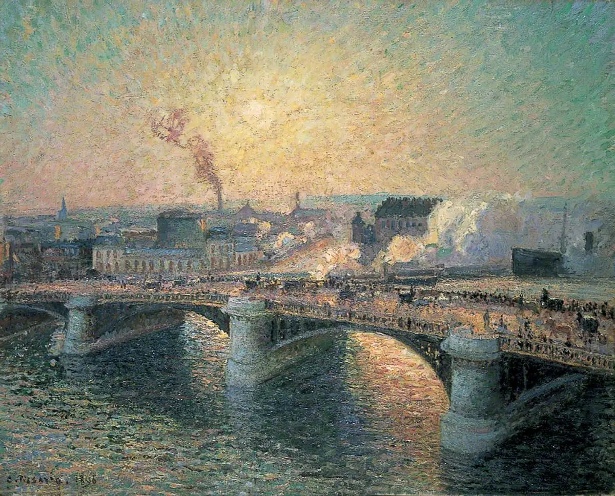 Reproduction du tableau « Le Pont Boieldieu, Rouen, Soleil Couchant - Camille Pissarro » par Alpha Reproduction en peinture à l’huile