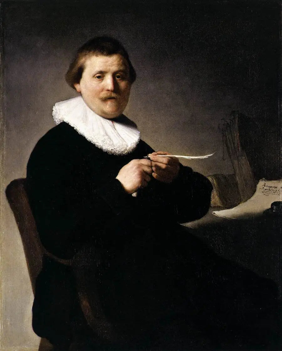 Reproduction du tableau « Portrait d'un homme taillant sa plume - Rembrandt » par Alpha Reproduction en peinture à l’huile