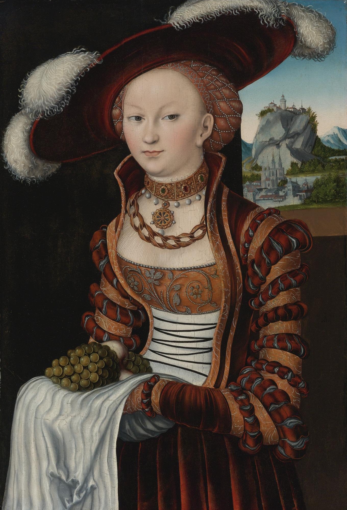 Portrait d'une jeune femme tenant une grappe de raisin - Lucas Cranach the Elder