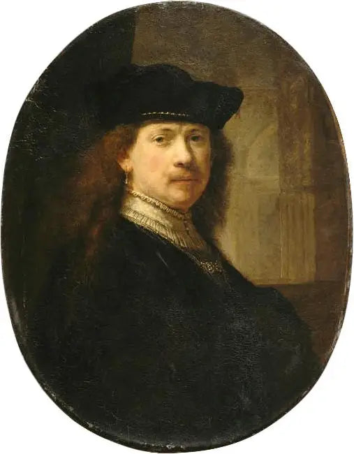 Reproduction du tableau « Autoportrait à la toque sur fond d'architecture - Rembrandt » par Alpha Reproduction en peinture à l’huile