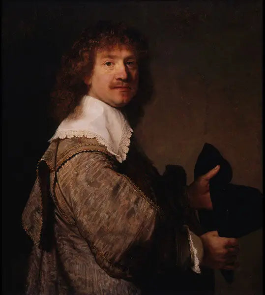 Reproduction du tableau « Portrait d'un homme tenant un chapeau - Rembrandt » par Alpha Reproduction en peinture à l’huile