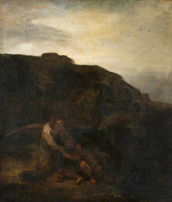 Reproduction du tableau « Tobie et l'ange dans un paysage - Rembrandt » par Alpha Reproduction en peinture à l’huile