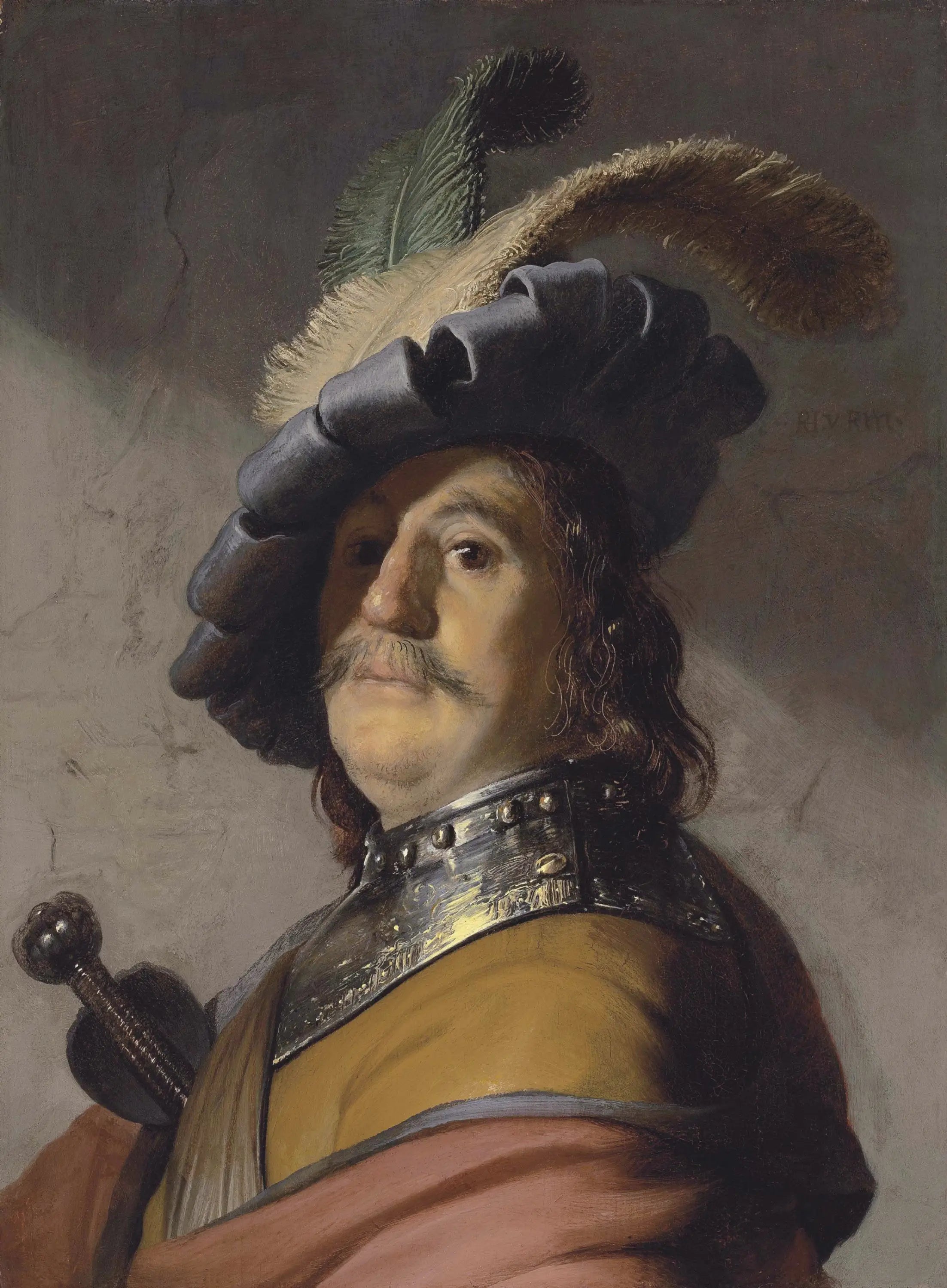 Reproduction du tableau « Buste d'un homme portant un gorgerin et un béret à plumes - Rembrandt » par Alpha Reproduction en peinture à l’huile