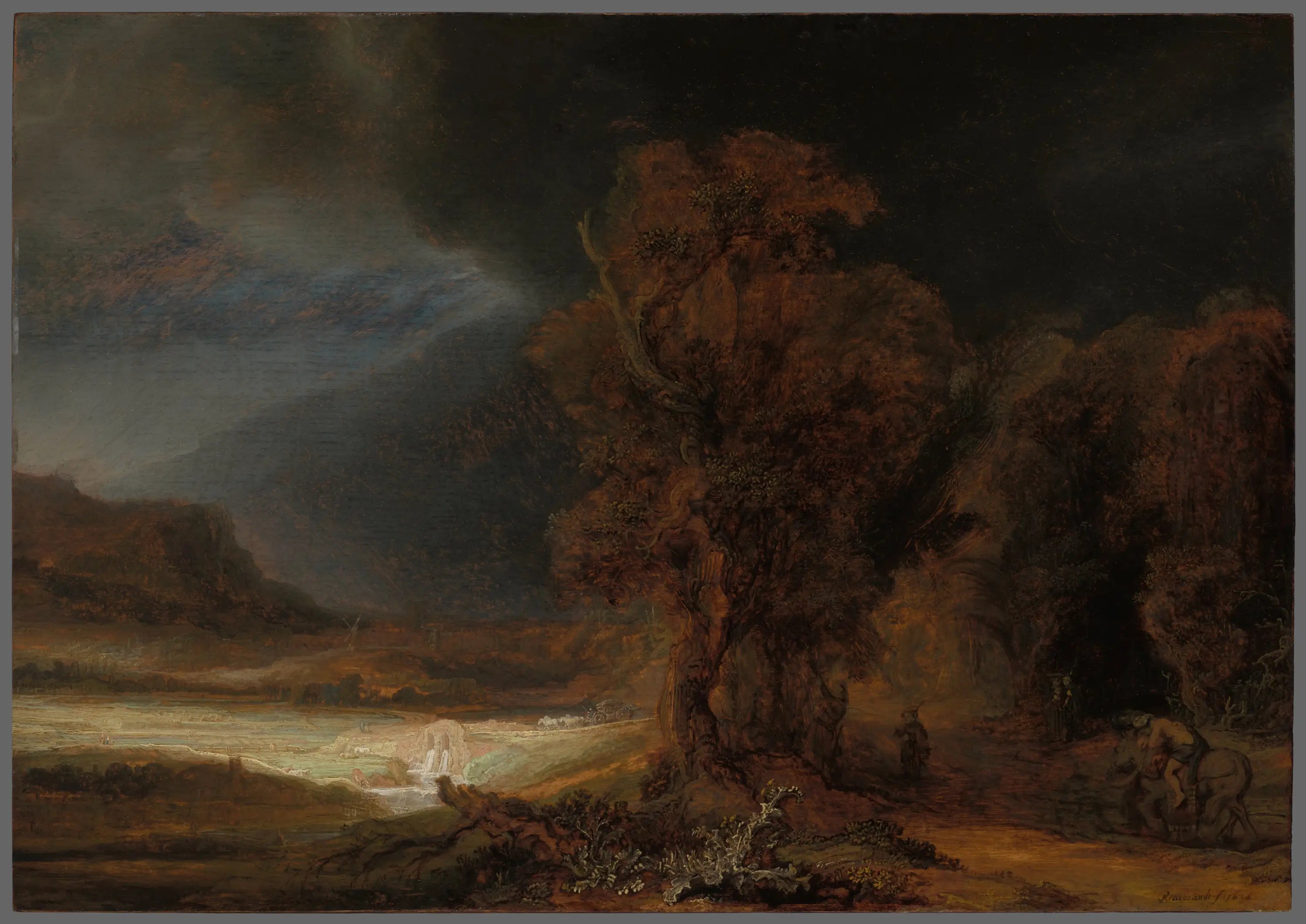Reproduction du tableau « Paysage avec le Bon Samaritain - Rembrandt » par Alpha Reproduction en peinture à l’huile