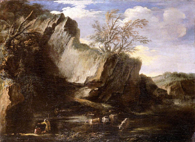 Paysage rocheux avec bergers et bétail - Salvator Rosa
