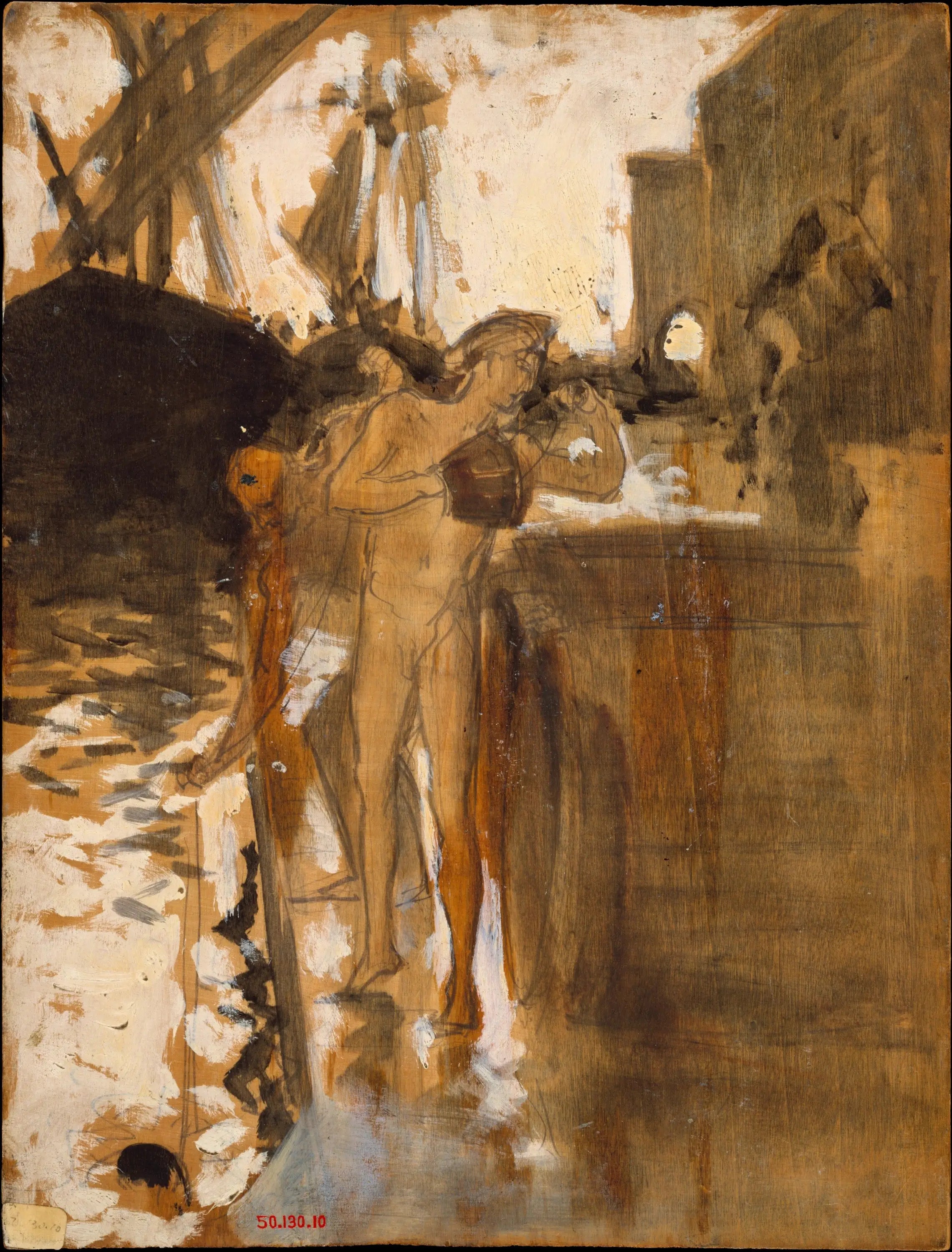 Reproduction du tableau « Le Balcon, Espagne [et] Deux baigneuses nues debout sur un quai - John Singer Sargent » par Alpha Reproduction en peinture à l’huile