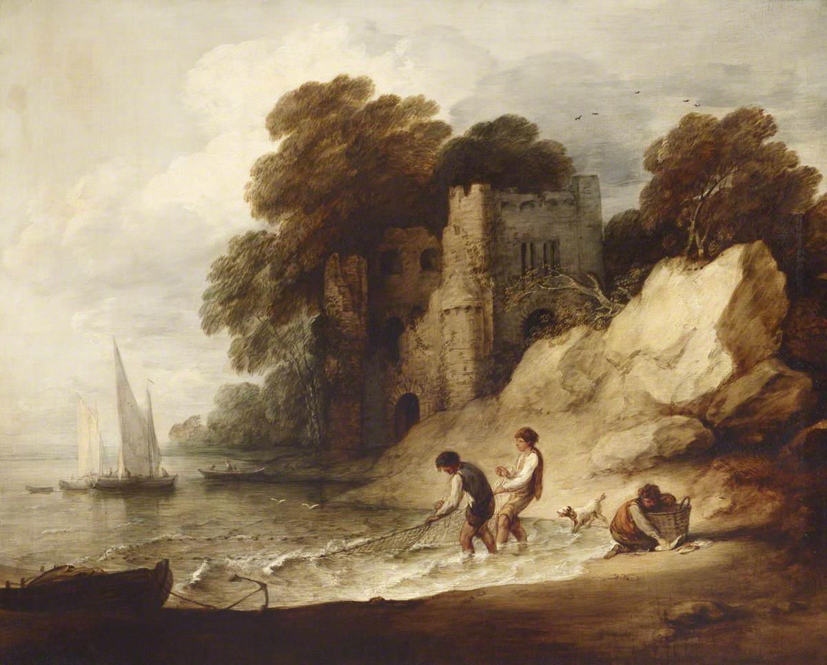 Scène côtière rocheuse avec château en ruine, bateaux et pêcheurs - Thomas Gainsborough