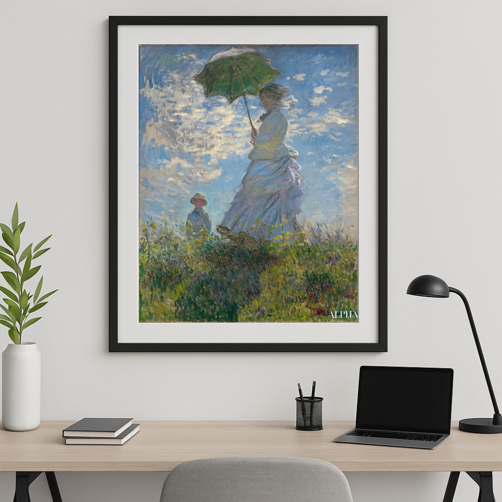 Reproduction peinte à la main de Femme avec un Parasol de Claude Monet exposée dans un salon lumineux, ambiance impressionniste et florale.