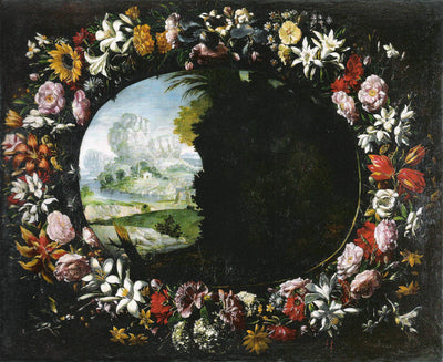 Paysage avec guirlande de fleurs - Juan van der Hamen