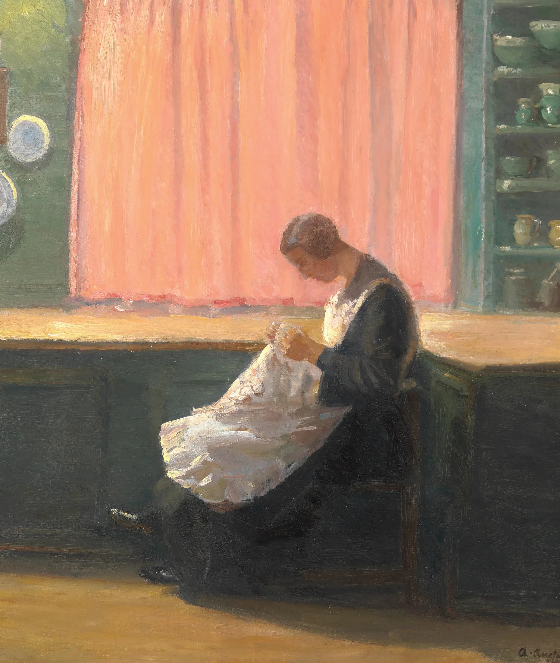 À la fin de la journée. Jeune fille cousant. - Anna Ancher image 1 reproduction artisanale de tableau