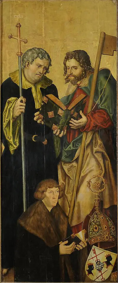 أجنحة المذبح الجنوبي الغربي لكاتدرائية نومبورغ [الجانب الأيسر]: الرسول فيليب ويعقوب الصغير مع فيليب، كونت بالاتين على نهر الراين (1480-1541)، أسقف فريزينغ (إذا - لوكاس كرانه الأقدم