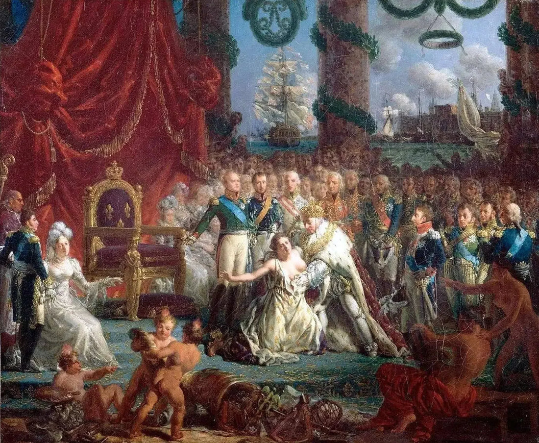 تمثيل العودة للبوربون في 24 أبريل 1814: لويس الثامن عشر يعيد بناء فرنسا من أنقاضها. - لويس-فيليب كريبين