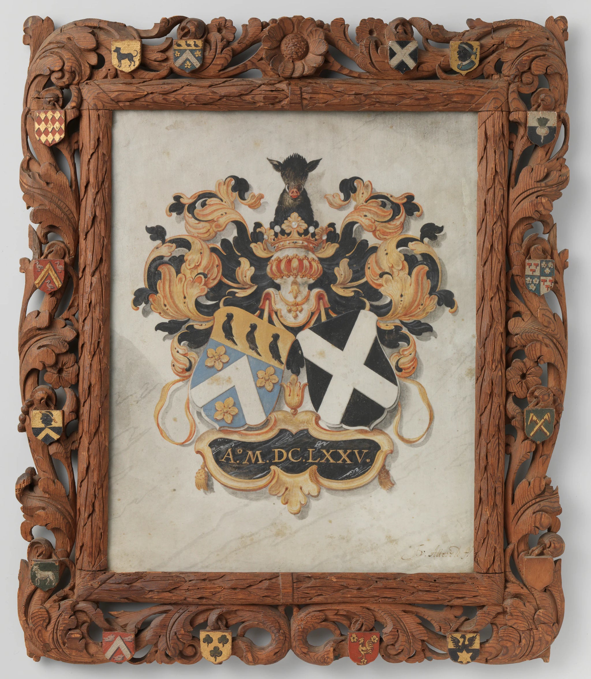 Les armoiries de l'alliance de Jan Boudaen Courten et Anna Maria Hoeufft, arrière-grands-parents de Jacob Verheye van Citters, dans un cadre en bois sculpté avec les armoiries des seize quartiers du couple - Joost van Attevelt