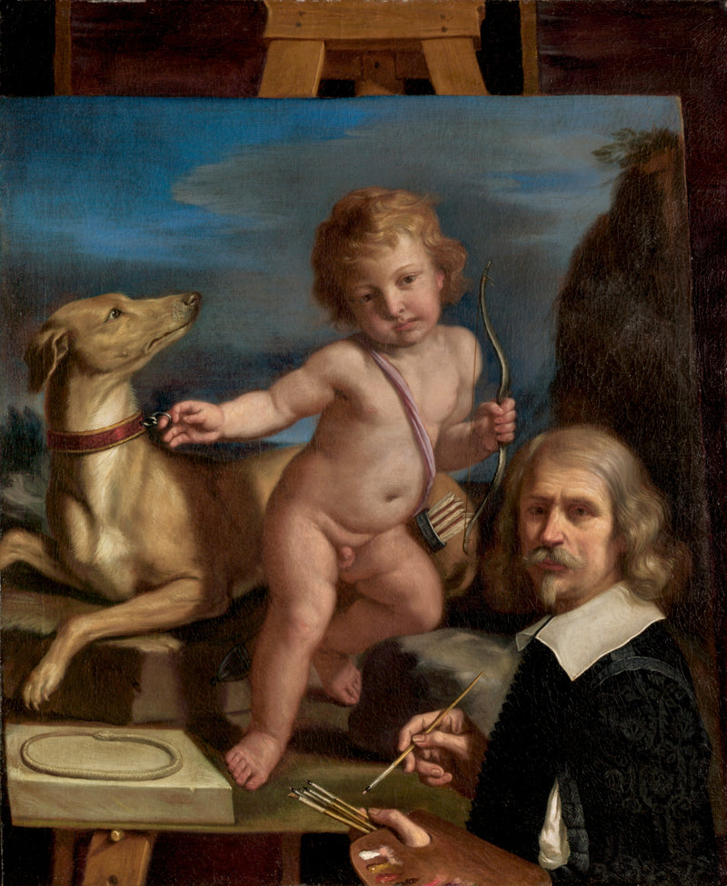 بورتريه ذاتي أمام لوحة تمثل « Amor Fedele » - Guercino