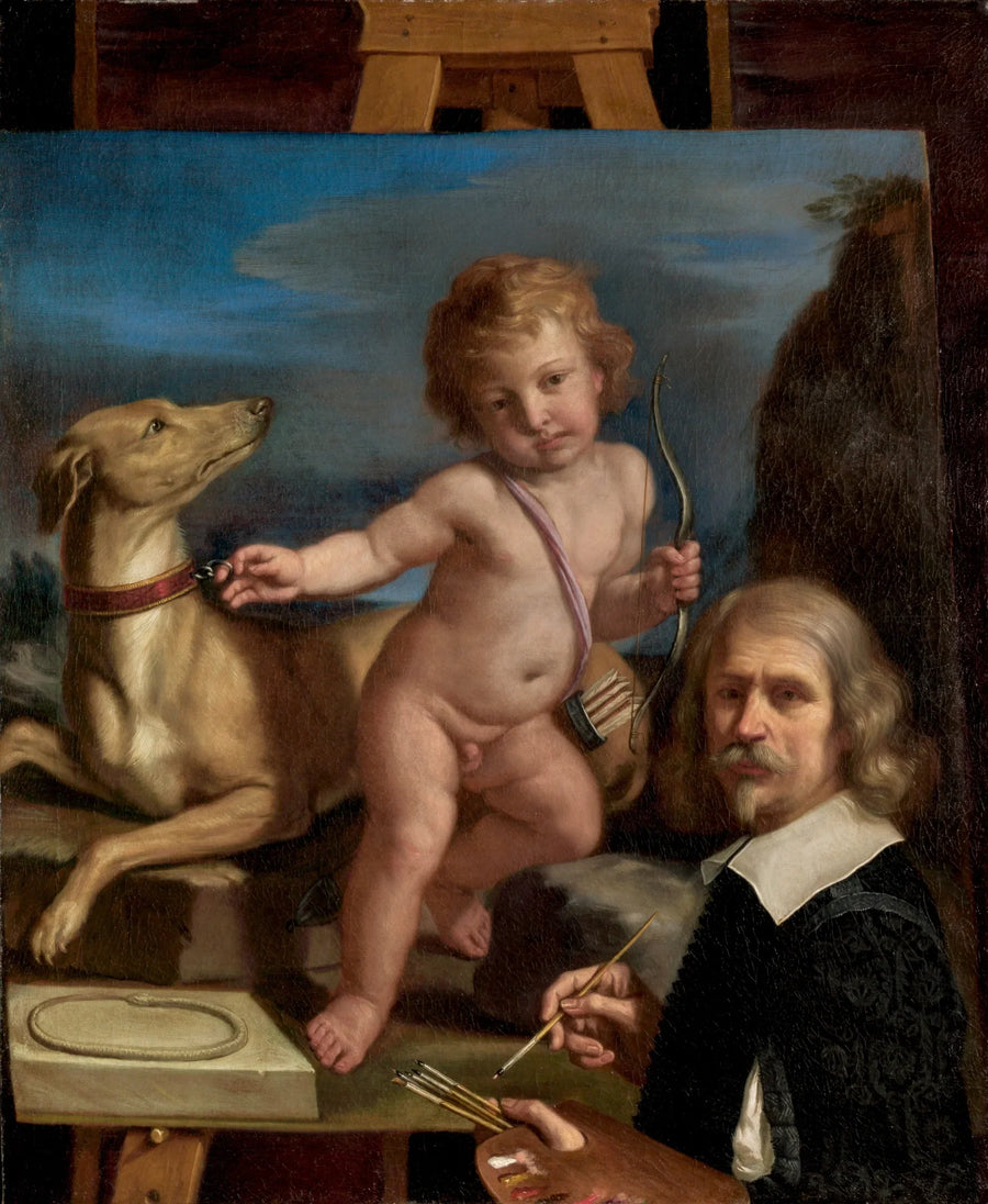 بورتريه ذاتي أمام لوحة تمثل « Amor Fedele » - Guercino
