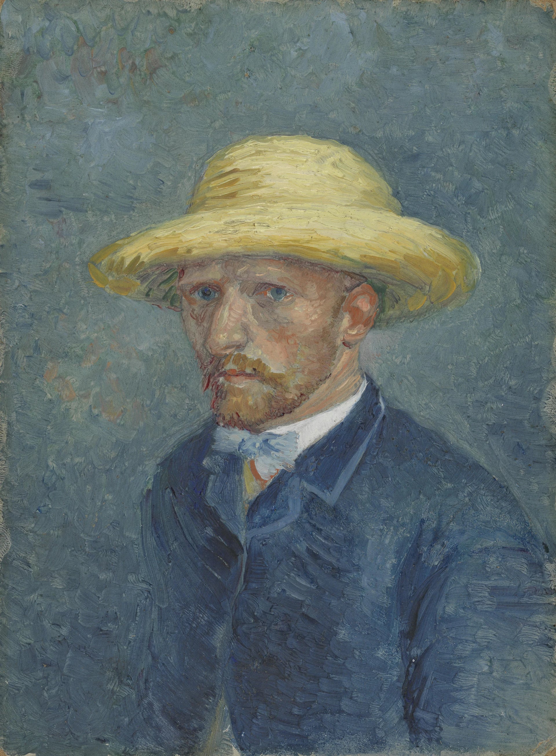 Autoportrait ou portrait de Théo van Gogh, F294 — petit portrait au chapeau de paille sur fond bleu