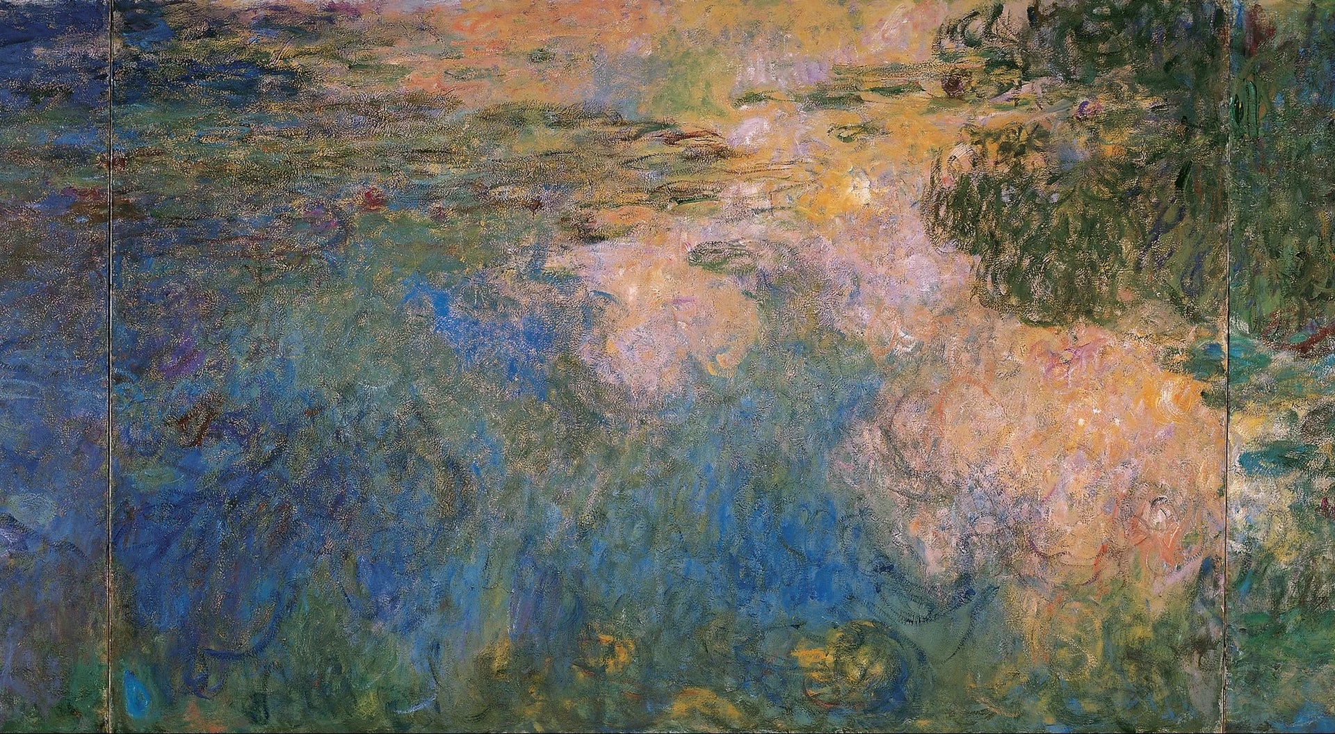Détail central des reflets bleus, roses et verts du triptyque W1968–1970 de Monet