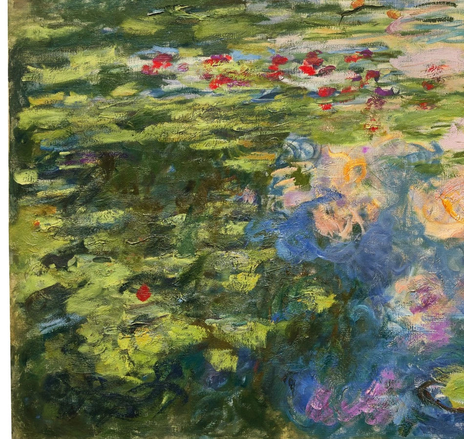 Détail des fleurs rouges et de la matière dans Le Bassin aux nymphéas W1897 de Claude Monet
