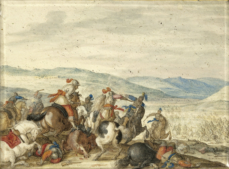Bataille équestre dans un paysage montagneux - Bartholomäus Dietterlin