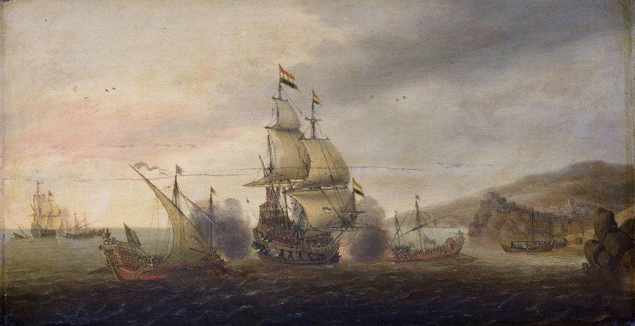 Bataille navale entre navires de guerre néerlandais et galères espagnoles - Cornelis Bol
