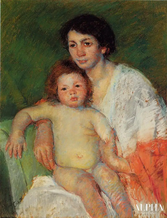 Bébé nu sur les genoux de sa mère, le bras posé sur le dossier de la chaise - Mary Cassatt - Reproductions de tableaux et peintures haut de gamme