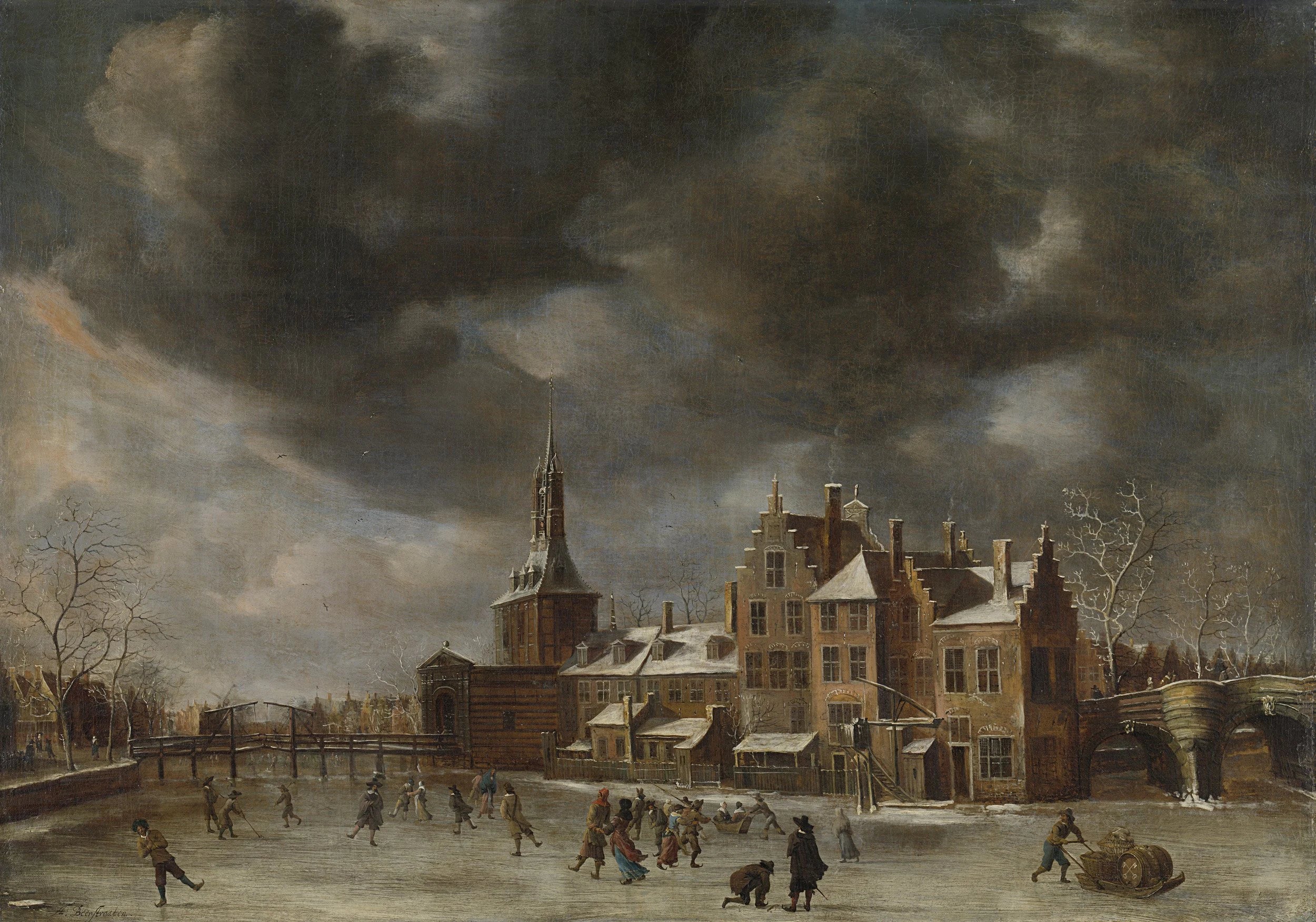 La Blauwpoort de Leyde en hiver - Abraham Beerstraaten