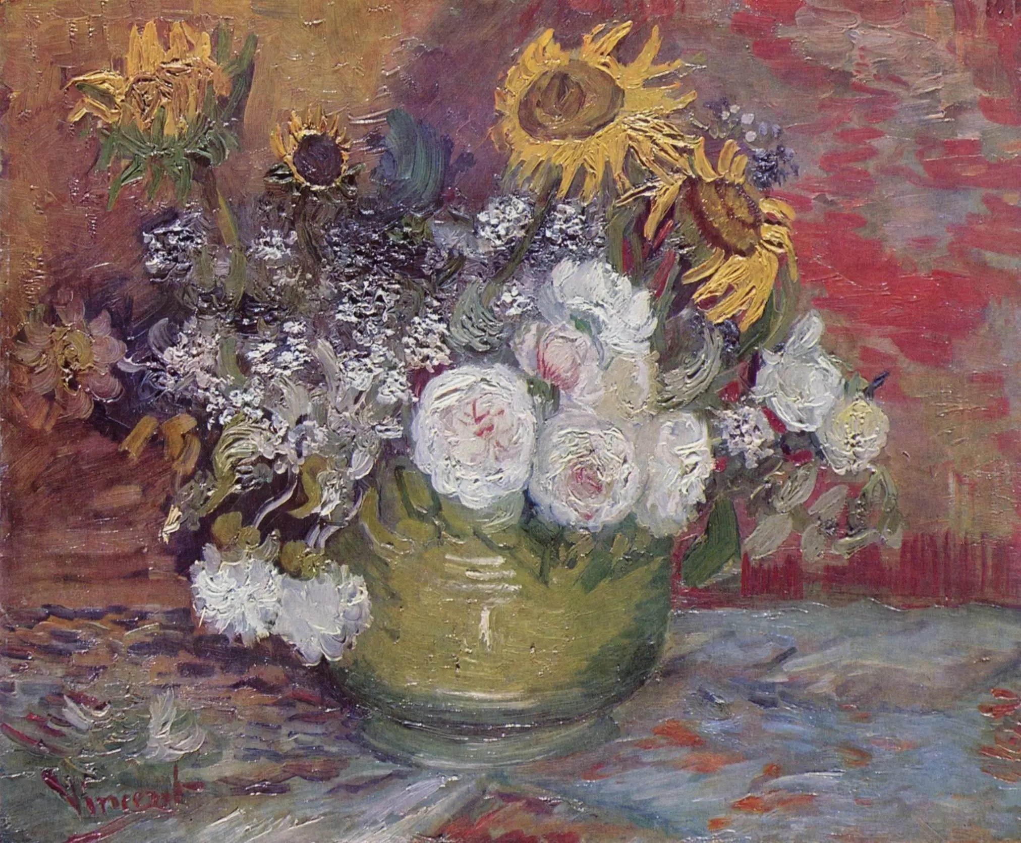 Reproduction du tableau « Bol avec tournesols, roses et autres fleurs - Vincent van Gogh » par Alpha Reproduction en peinture à l’huile