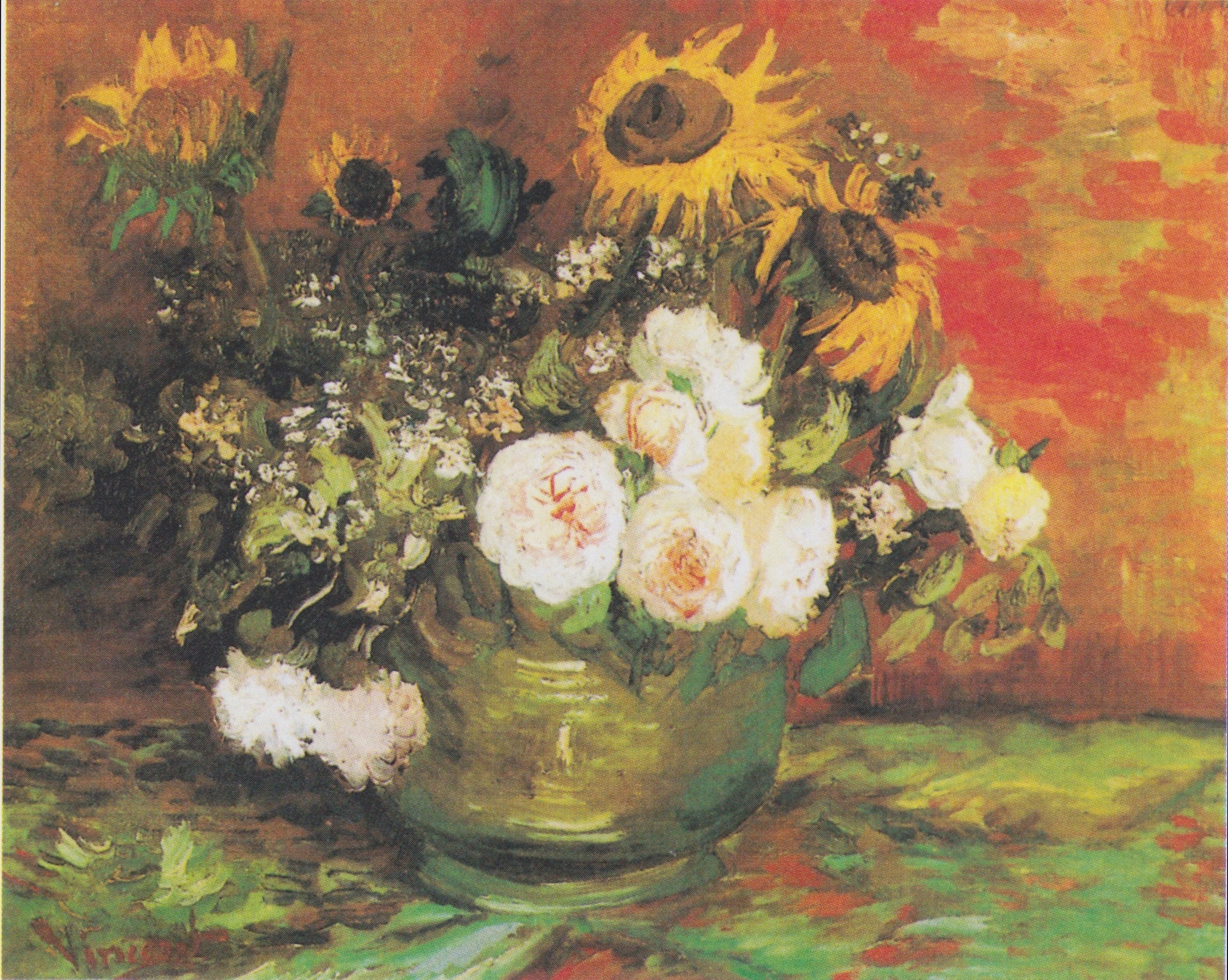 Bol avec tournesols, roses et autres fleurs F250 — nature morte peinte par Vincent van Gogh