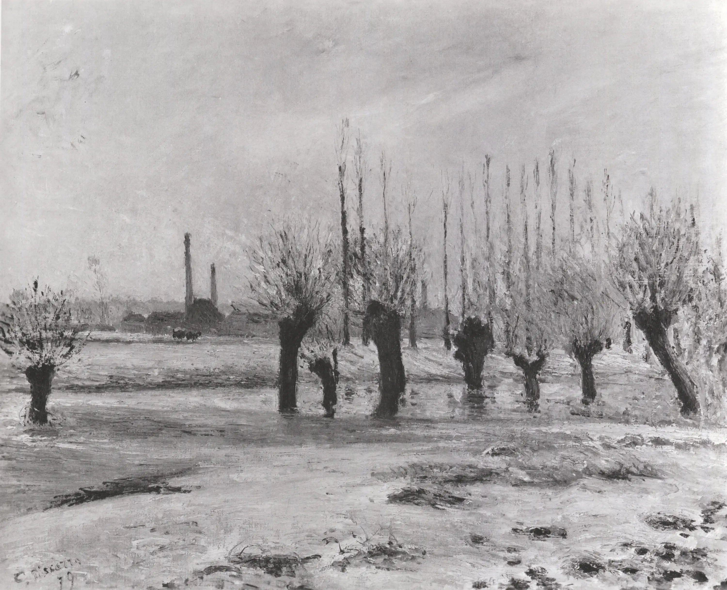 Reproduction du tableau « Bords de l'Oise à Pontoise, effet de neige - Camille Pissarro » par Alpha Reproduction en peinture à l’huile