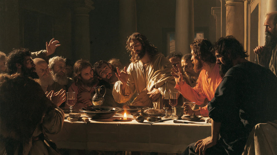 Le Christ et les apôtres autour d’une table éclairée par une petite flamme et une lumière latérale dans un profond clair-obscur
