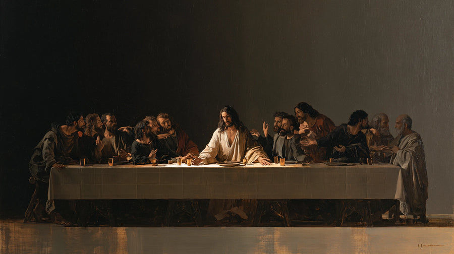 La Cène à la table sobre — Christ blanc et gestes des apôtres — Peinture à l’huile sur commande