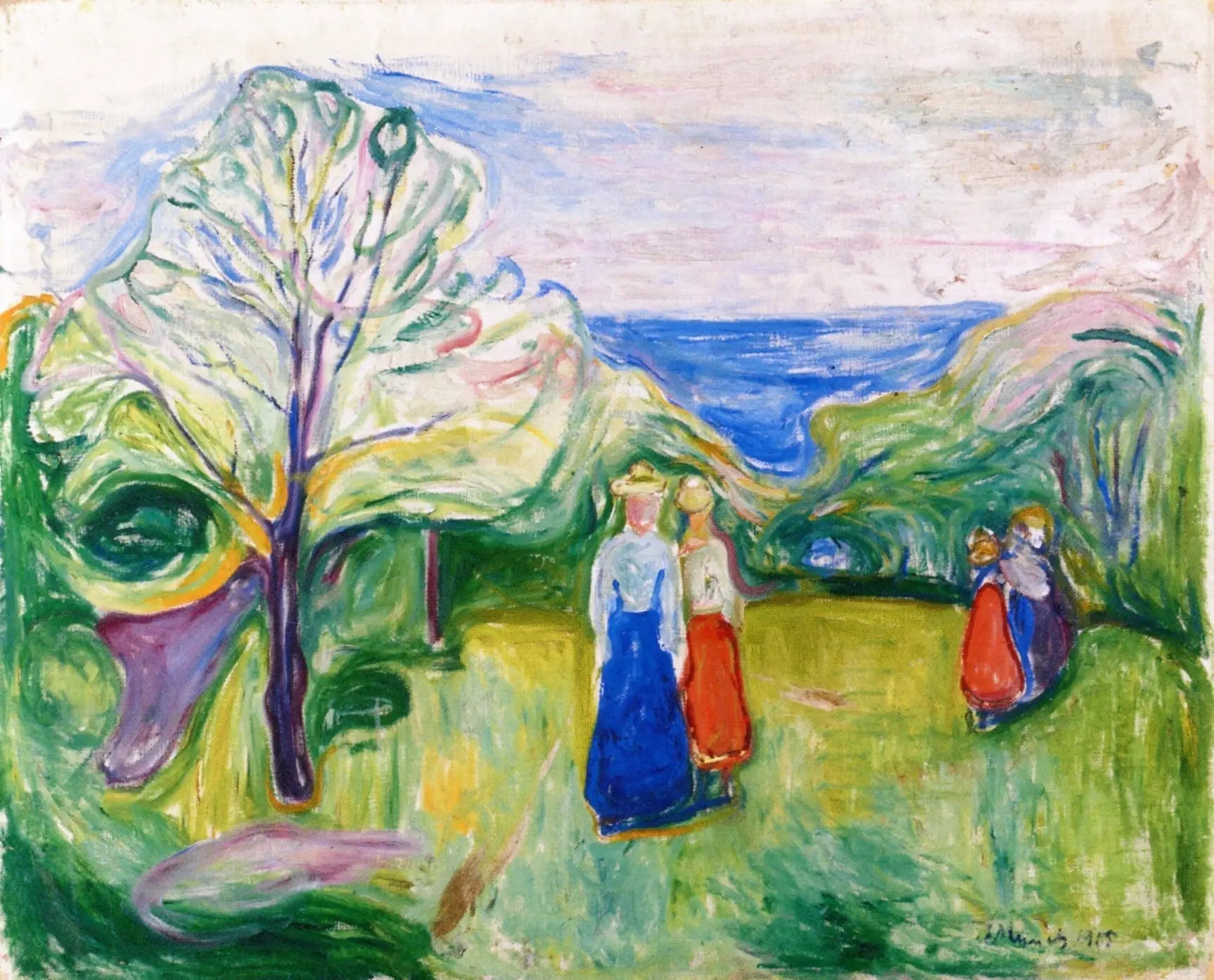 Reproduction du tableau « Cerisier en fleur et Jeunes Filles dans le jardin - Edvard Munch » par Alpha Reproduction en peinture à l’huile