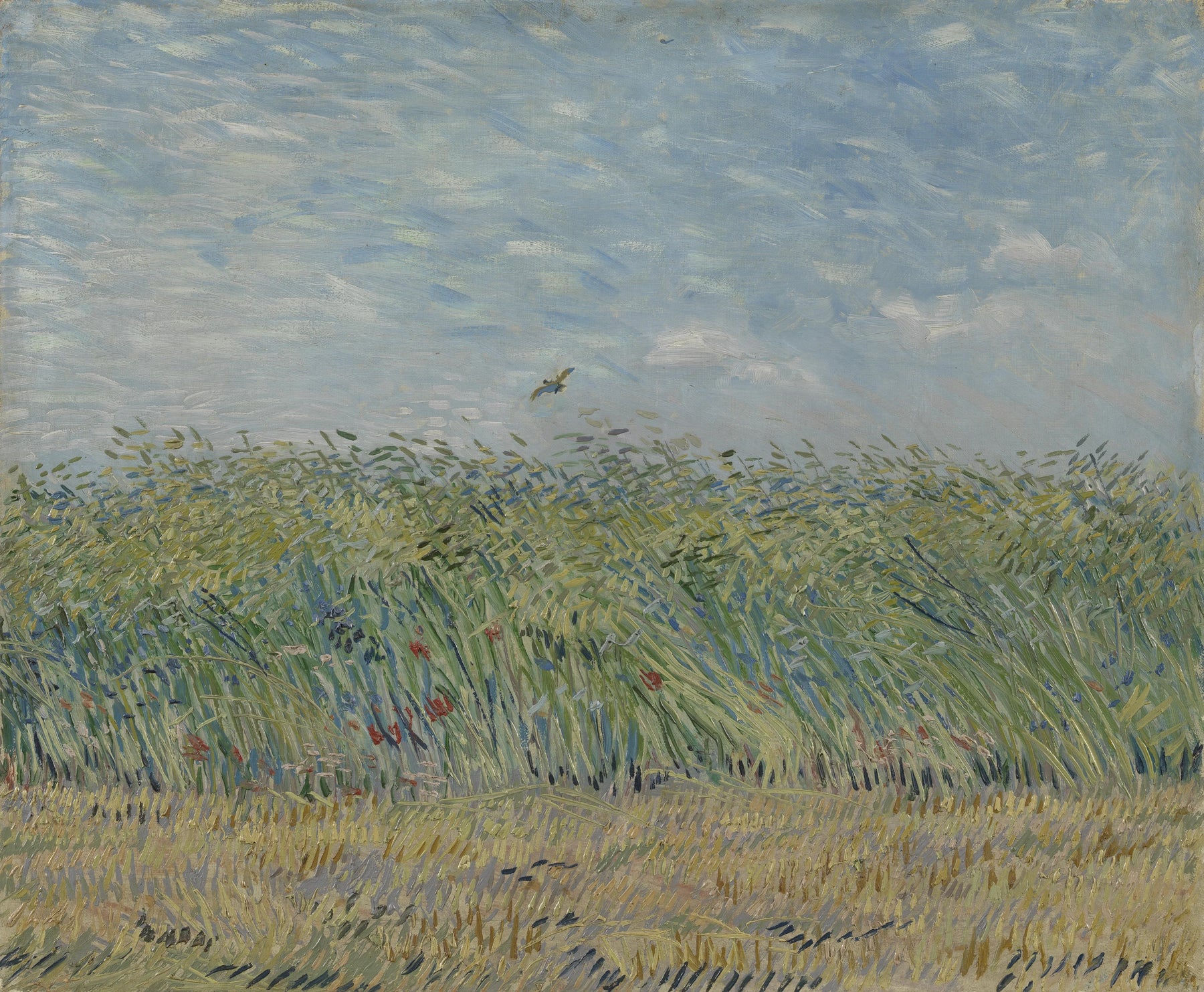 Champ de blé à l’alouette, F310 — détail des blés, fleurs et oiseau peint par Vincent van Gogh